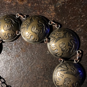 Antique Boho Bracelet Domed Medallions with Aztec Fantasy Creatures