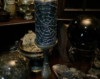 Spellbinding Antique Candle Stand with Spiderweb Candle