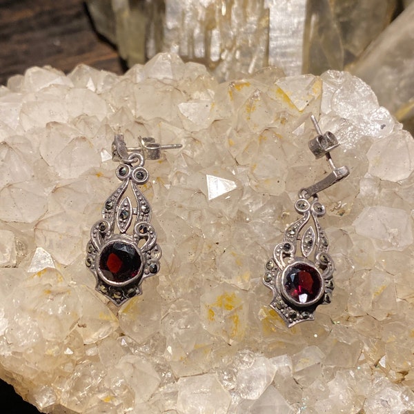 Precious Sterling Earrings Marcasites and PIGEON BLOOD GARNETS for your Valentine!