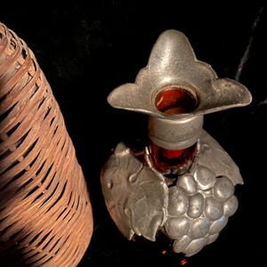 Unique Antique Decanter Bottle - Amber Glass with Pewter Overlay of Grapevines - Great Winery or Witch Kitchen Decor