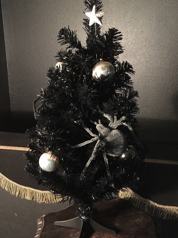 Gothic Black Christmas Tree With Vintage Glass Ornaments and Spiders 