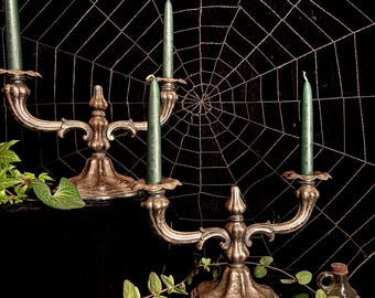 Antique Pair of SWEDISH HOTEL CANDELABRAS with 2 pairs of Forest Green Spell Candles Green Witch Delights!