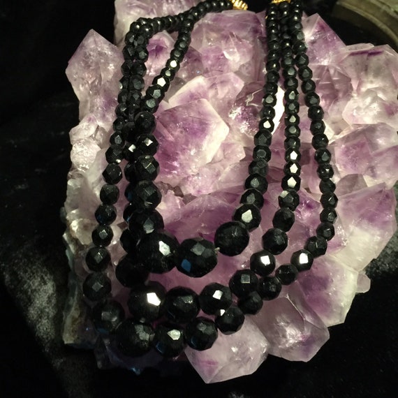 Gothic Black Jet Antique Necklace 3 Strand Faceted