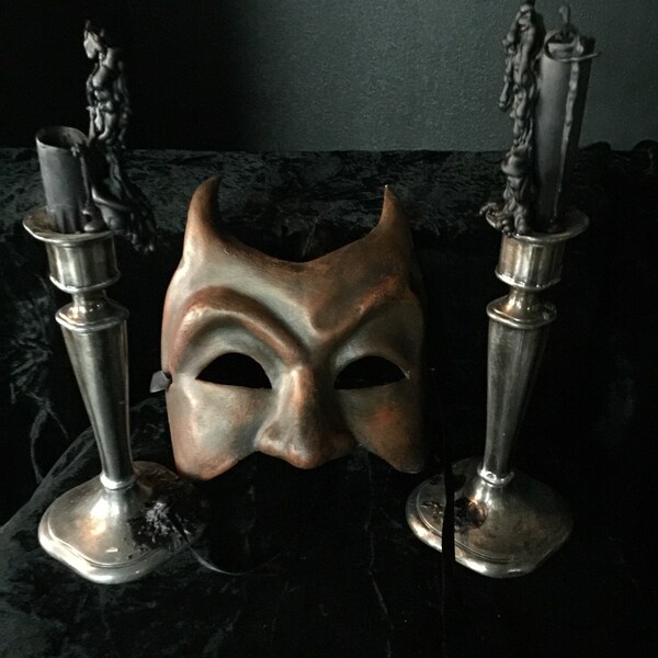 Ritual Devil Mask and Pair of Antique Candle Holders and Black Candles at Gothic Rose Antiques