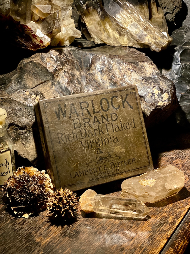 Antique Warlock Tobacco Tin Stash Can Wonderful Old Advertising Rare Find image 8