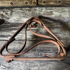 Antique Hand Forged Wrought Iron Trivet - 19th Century Blacksmith Made Triangle Hearth Stand - Primitive Rustic Fireplace Decor
