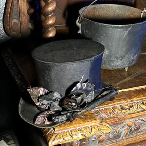 Gothic Antique Top Hat with Added Old Black Hat Rose
