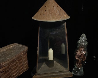 Tall Primitive Tin Candle Lantern with Glass Panes 18" x 8" - Rustic Vintage Witch Cottage Cabin Decor