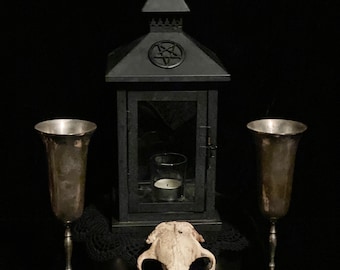 GOTHIC BLACK LANTERN with added Pentagram - 13" Tin Candle Lantern Pre-owned Witch Cottage Decor