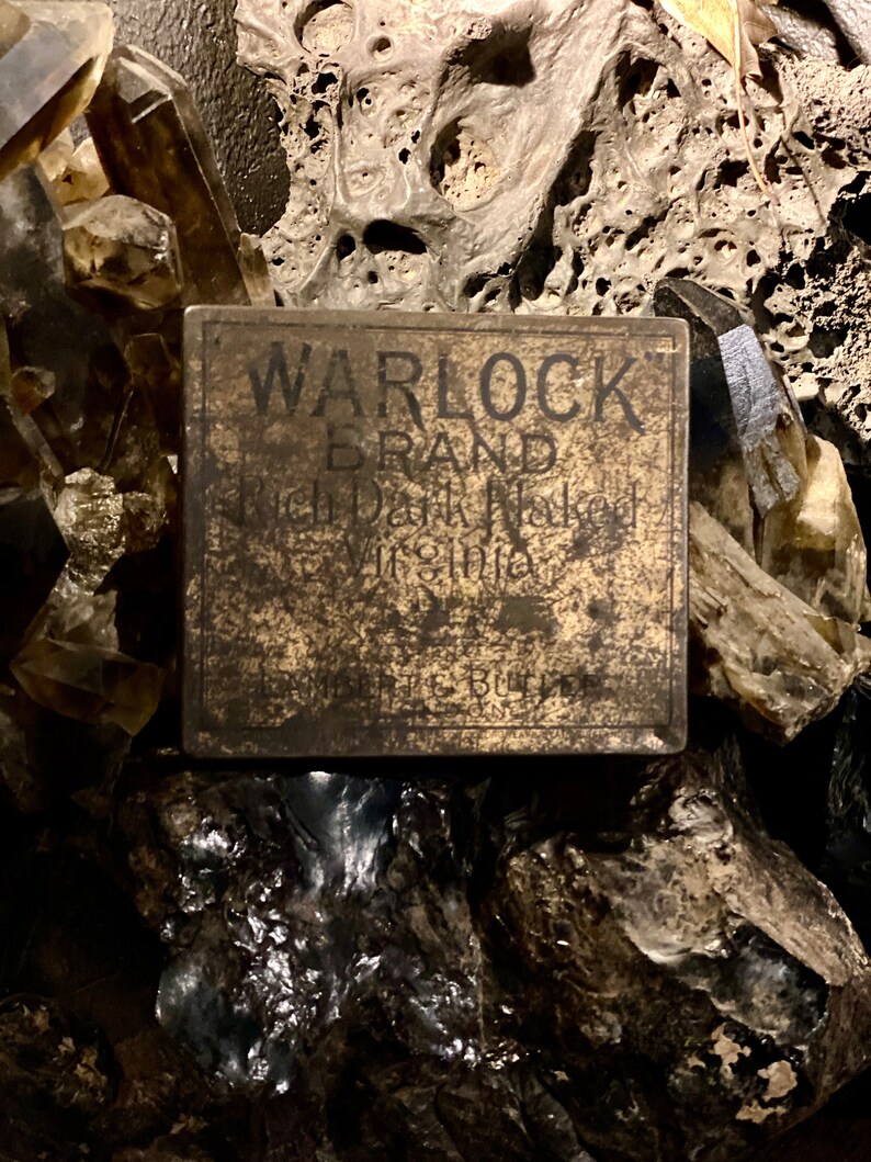 Antique Warlock Tobacco Tin Stash Can Wonderful Old Advertising Rare Find image 6