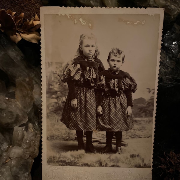 Antique Photo Creepy Sisters in Victorian Tartan Dresses High top Button Up Boots Cabinet Card Photograph "Ethel & Hazel" Hollister, CA