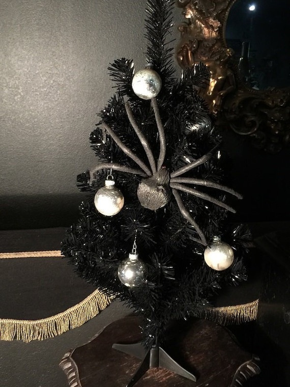 Gothic Black Christmas Tree with Vintage Glass Ornaments and Spiders