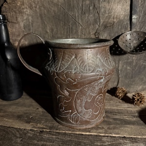 Antique Chased Copper Pitcher, Arts and Crafts Hand Hammered Jug with Handle, Vintage Folk Art Copper Mug, Rustic Primitive Metalware Vase