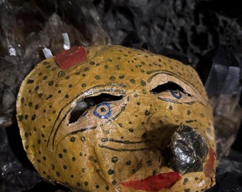 Spooky Old Folk Art Spotted Cat Mask - Age Worn Papier-mache Hand Made Vintage OOAK
