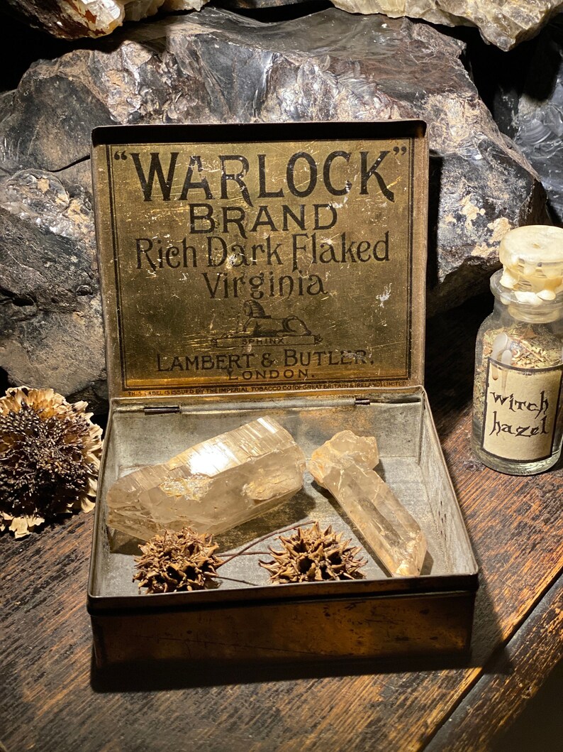 Antique Warlock Tobacco Tin Stash Can Wonderful Old Advertising Rare Find image 1