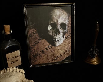 Witchy Gift! “SKULL and OUIJA” Portrait - Framed Photo in Old Blackened Brass Frame 10" x 8" - Great Gothic Decor