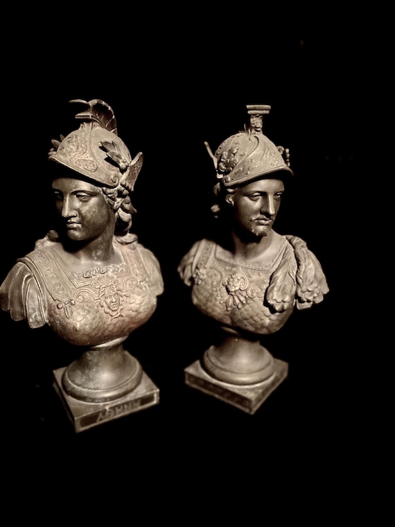 Antique Statue Busts “Ares and Athena” Pair of Bronze Patinated 19th C.  Pre-owned Statues  Great Bookends for your Gothic Library!