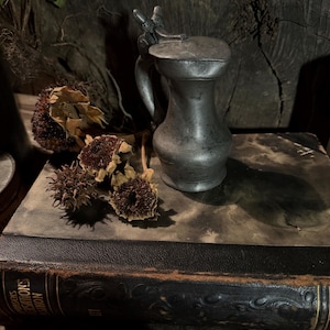 May include: A small, antique pewter pitcher with a hinged lid and handle. The pitcher sits atop a vintage book with dried sunflowers nearby. The background features a dark, textured wooden surface, creating a rustic aesthetic.