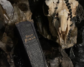 Unique Antique Black Leather Bible with Old Gothic Black Bead Rosary