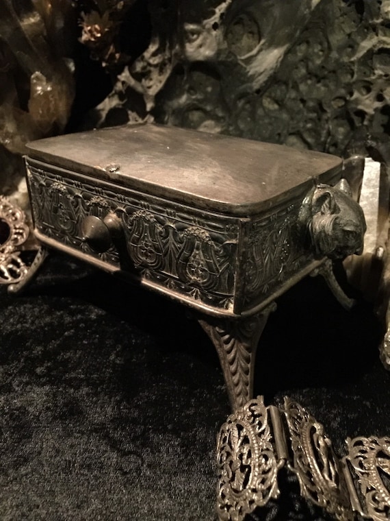 Antique Gothic Cat Jewelry Casket Trinket Box at