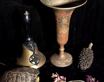 Exotic Antique India Vase Mysterious Etched Designs on Old Heavy Brass 8 1/2" tall