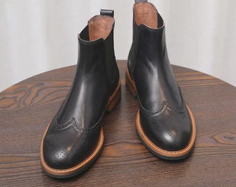 Botas altas británicas de cuero para hombre, zapatos casuales, botas Chelsea con brogue tallado