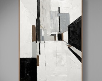 Original Minimalist Abstract Oil Painting, Black White Geometric Wall Art, Modern Neutral Canvas, Large Contemporary Home Decor