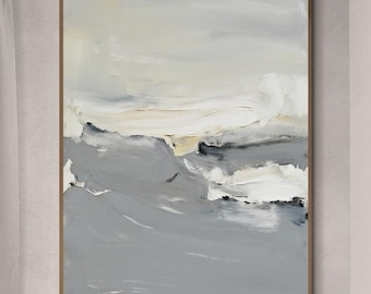 Original Hand-Painted Abstract Landscape Oil Painting, Modern Grey and White Art, Textured Nature Wall Art, Minimalist Contemporary Artwork