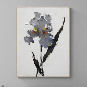 Oryginalny ręcznie malowany obraz olejny z irysem, teksturowana nowoczesna sztuka kwiatowa, szaro-czarne dekoracje kwiatowe, wyjątkowy obraz kwiatowy do salonu