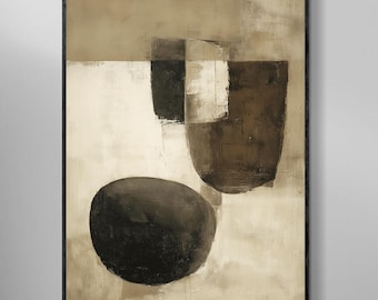 Beige Brown Geometric Painting, Minimalist Modern Wall Decor, Textured Oil Painting, Living Room Artwork