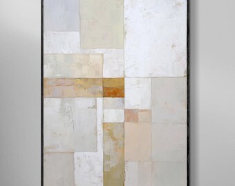 Original Abstract Oil Painting,Neutral Beige White Geometric Wall Art,Hand Painted Textured Canvas,Modern Minimalist Contemporary Home Decor