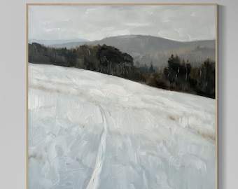 Original Snow Landscape Oil Painting, Minimalist Winter Wall Art, Hand Painted Textured Canvas, Large Neutral Mountain Artwork