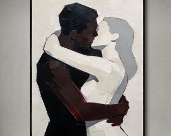 Original Abstract Oil Painting, Modern Couple Embrace Art, Hand Painted Textured Canvas Wall Art, Large Minimalist Neutral Bedroom Decor