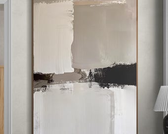 Original Hand Painted Oil Painting, Neutral Abstract Wall Art, Beige Black Minimalist Canvas, Modern Textured Artwork, Living Room Decor
