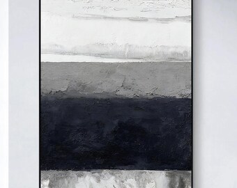 Original Hand-Painted Abstract Oil Painting, Minimalist Black White Gray, Textured Canvas Wall Art, Modern Home Decor
