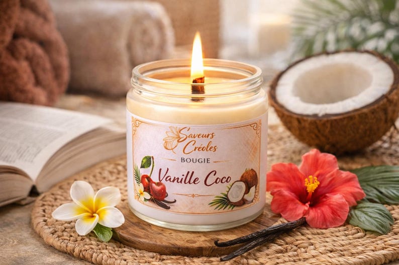 May include: A lit candle in a glass jar, labelled "Saveurs Cr&eacute;oles Bougie Vanille Coco". The candle is surrounded by a coconut half, flowers, and vanilla pods. The candle has a vanilla and coconut scent.