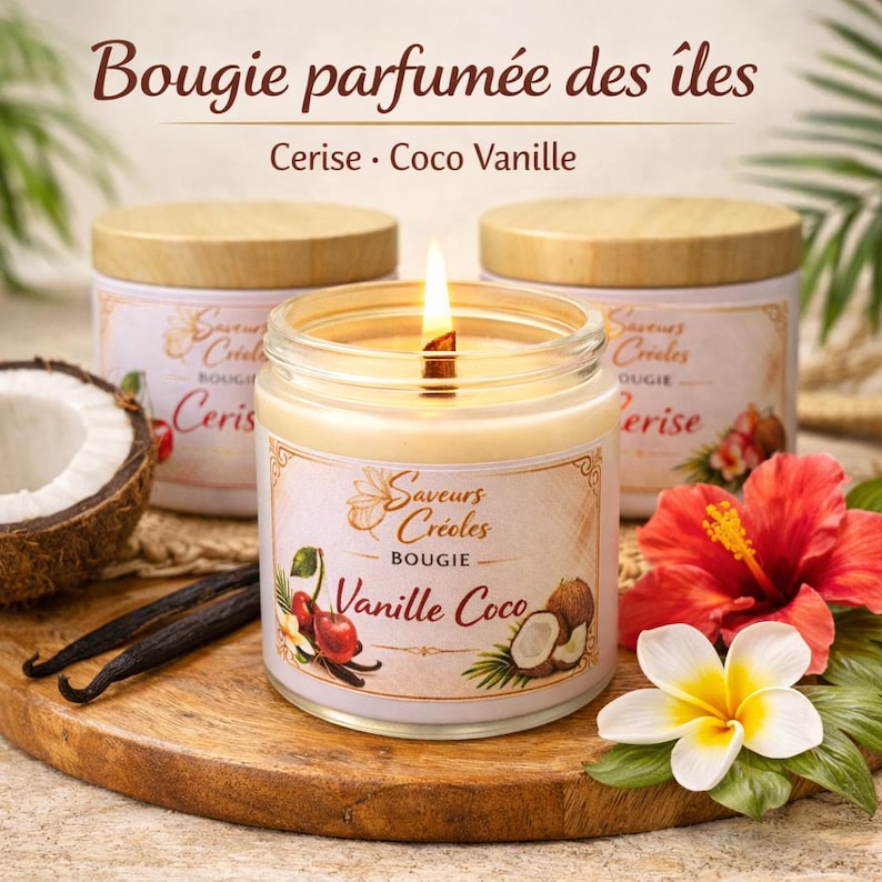 May include: Lit candle in a glass jar with a wooden lid, labelled "Vanille Coco" and "Cerise". The image includes a coconut, vanilla beans, and tropical flowers. The text reads "Bougie parfum&eacute;e des &icirc;les".