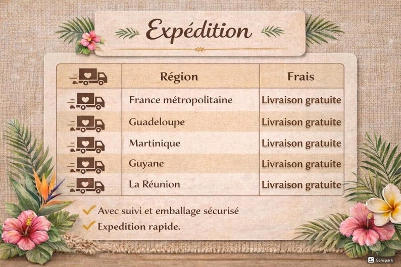 May include: A decorative graphic with the word "Exp&eacute;dition" at the top, featuring a table with regions and delivery information. The table includes regions like France m&eacute;tropolitaine, Guadeloupe, and Martinique. Floral and leaf accents frame the table.