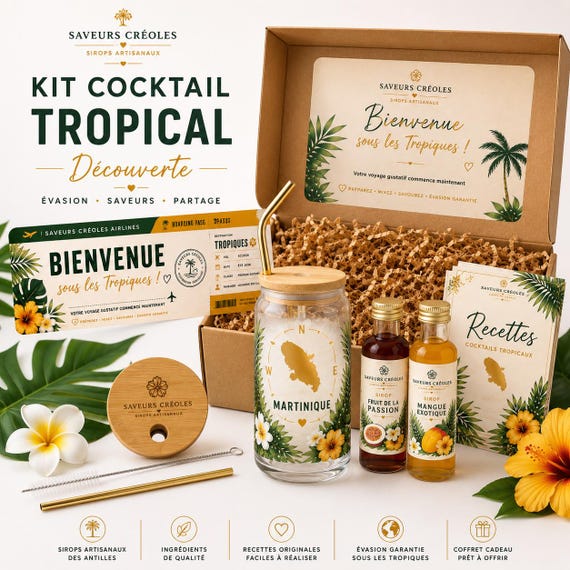 Tropical Cocktail Kit | DIY Cocktail Set | Cocktail Lover's Gift | Caribbean Gift Set | 16 Oz Can Glass | Artisanal Syrups