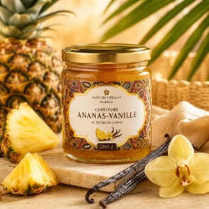 Può includere: Un barattolo di vetro di confettura di ananas e vaniglia con coperchio dorato. L'etichetta riporta Saveurs Créoles Madras Confiture Ananas-Vanille au sucre de canne 200 g. Il barattolo è circondato da fette di ananas fresco, vaniglia e un'orchidea.