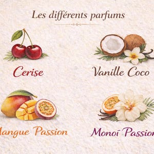 May include: An illustrated image displaying four fragrance options: cherry, coconut vanilla, mango passion, and monoi passion. Each is represented with its fruit and flower, with the text "Les diff&eacute;rents parfums" at the top.