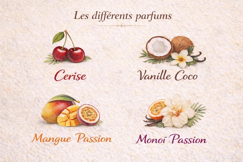May include: An illustrated image displaying four fragrance options: cherry, coconut vanilla, mango passion, and monoi passion. Each is represented with its fruit and flower, with the text "Les diff&eacute;rents parfums" at the top.