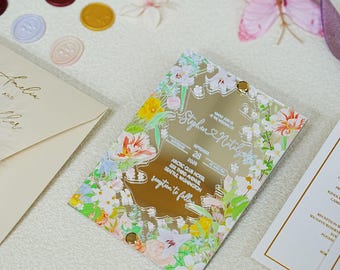 Elegant Silver Mirror Acrylic Wedding Invitations, Wedding Suite with Pearl Envelopes & Wax Seal
