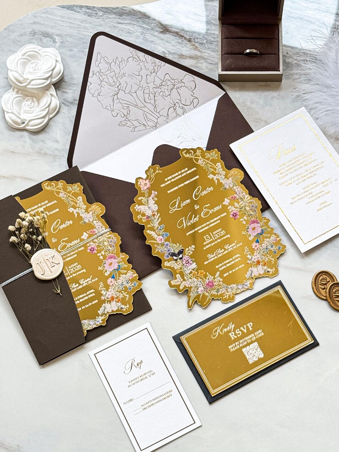 Rustic Acrylic Wedding Invitations Sets, Gold Mirror Wedding Stationary ...