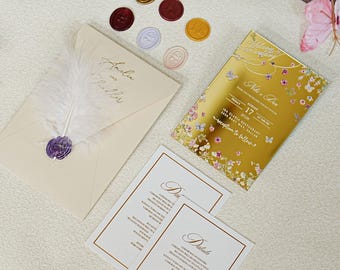 Custom Gold Mirror Acrylic Wedding Invitations, Pearl Envelops, Floral Designs