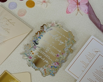 Elegant Silver Mirror Acrylic Invitations with Wedding Envelopes, Custom QR Code RSVP Invites Sets