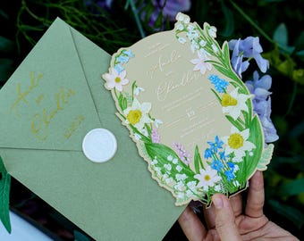Luxury Gold Mirror Acrylic Wedding Invitations with Envelopes, Floral Boarder Design