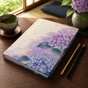 May include: A hardcover journal with a floral design featuring purple hydrangeas and blue-green leaves. The journal is on a wooden surface with two pencils and a cup of tea. The cover has a watercolor effect.