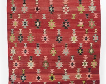 Turkish Vintage Rug, 6.2x9.1 ft Large Rug, Red Gray Wool Rug
