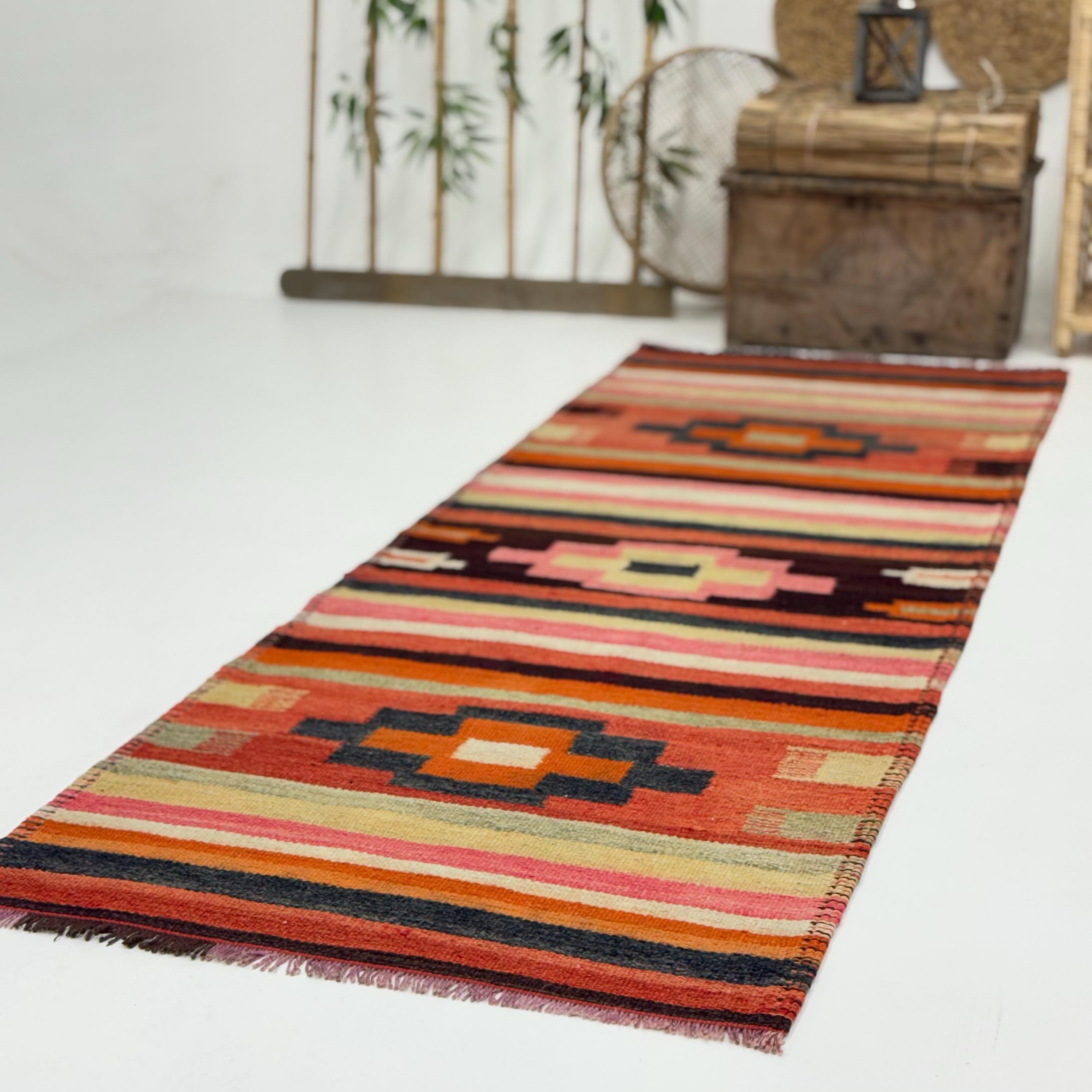 Vintage 3x8.2 ft Rug, Runner Turkish Rug, Orange Oriental Wool Rug